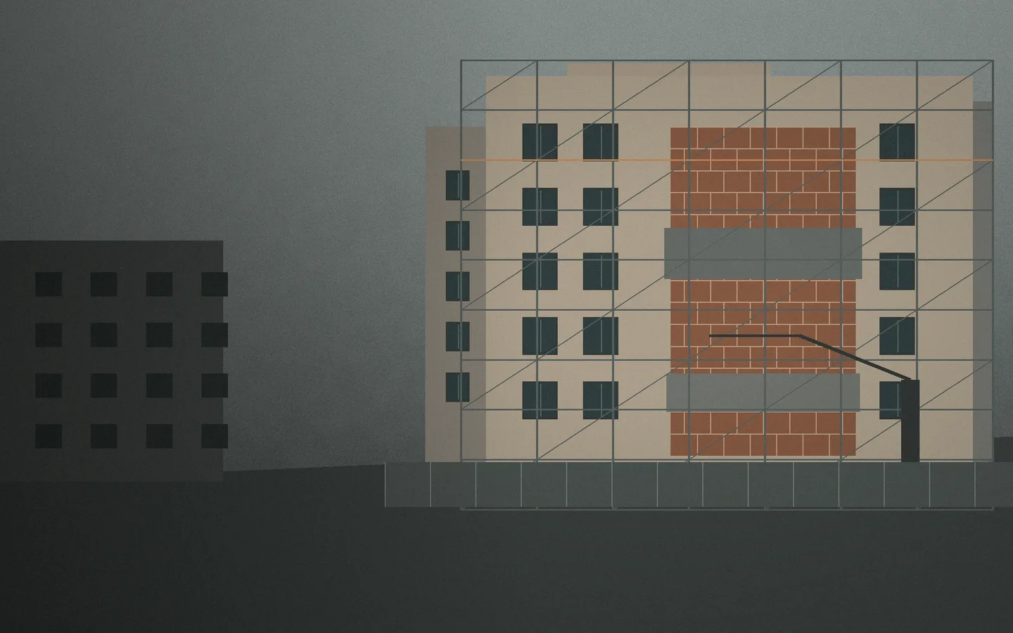 Ilustrační pohled na rekonstrukci městské budovy s lešením a odkrytou fasádou.