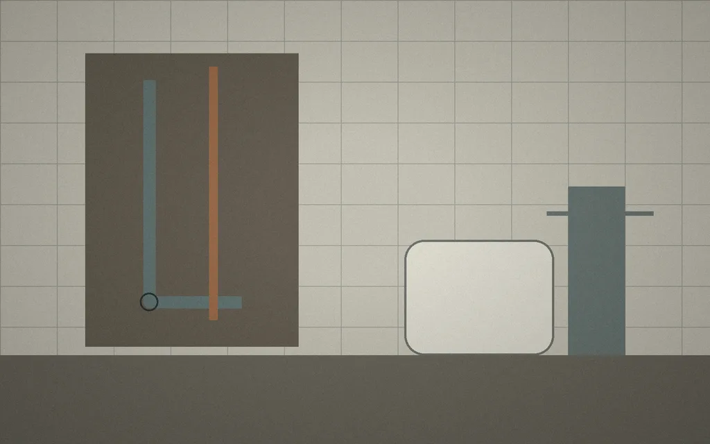 Ilustrační institucionální koupelna v rekonstrukci s viditelnými instalacemi bez přítomnosti osob.