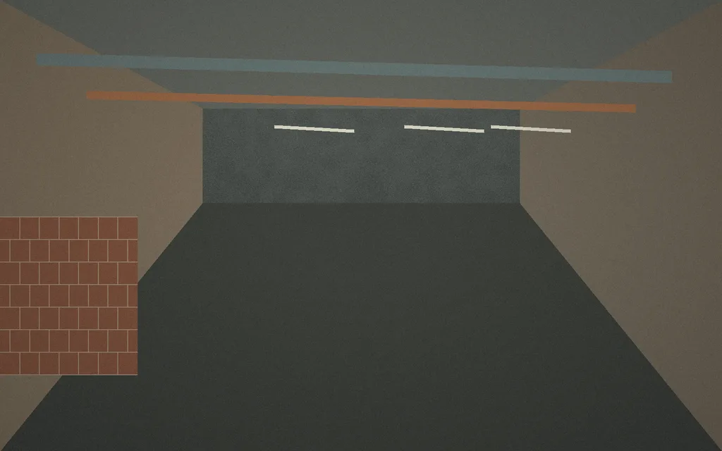 Ilustrační suterénní prostor v rekonstrukci s odkrytými instalacemi a povrchy.