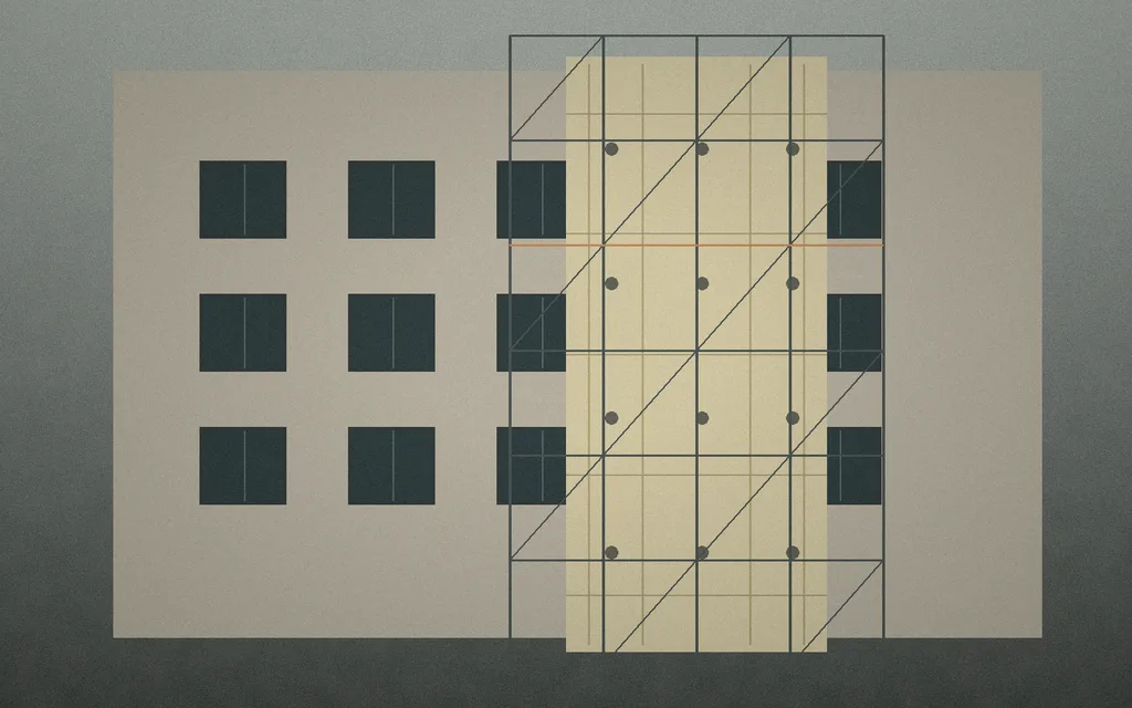 Ilustrační detail montáže zateplení a vrstvy obálky budovy na městské fasádě.