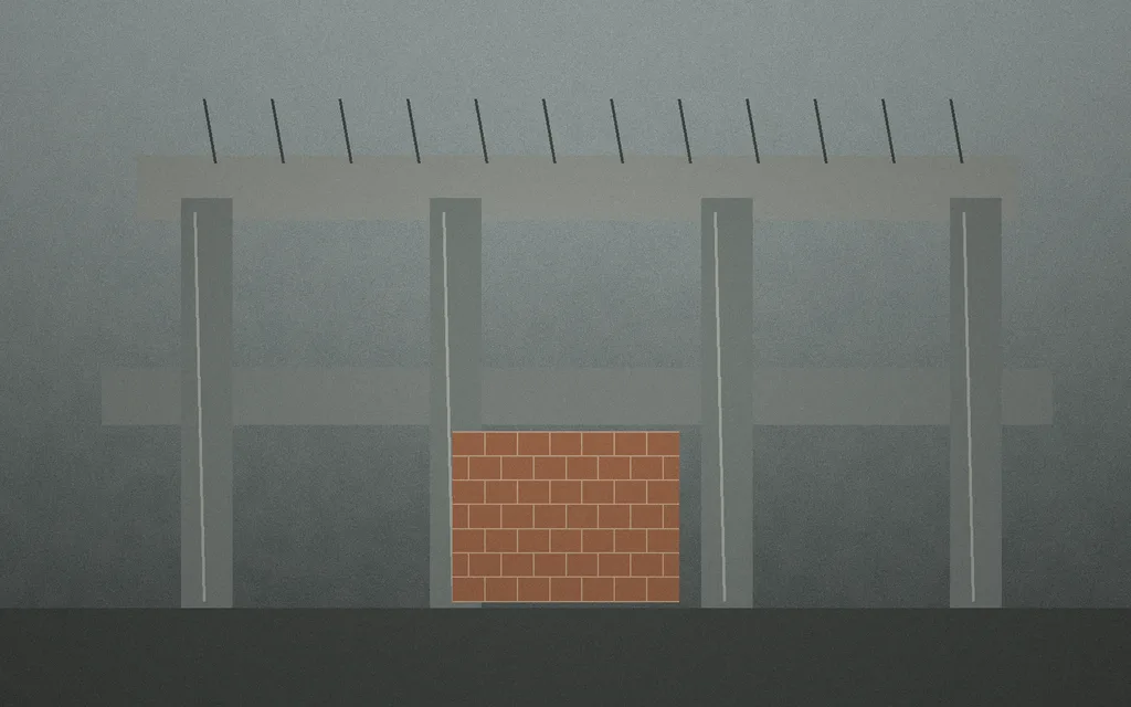 Ilustrační konstrukce budovy z betonu a zdiva ve fázi výstavby.