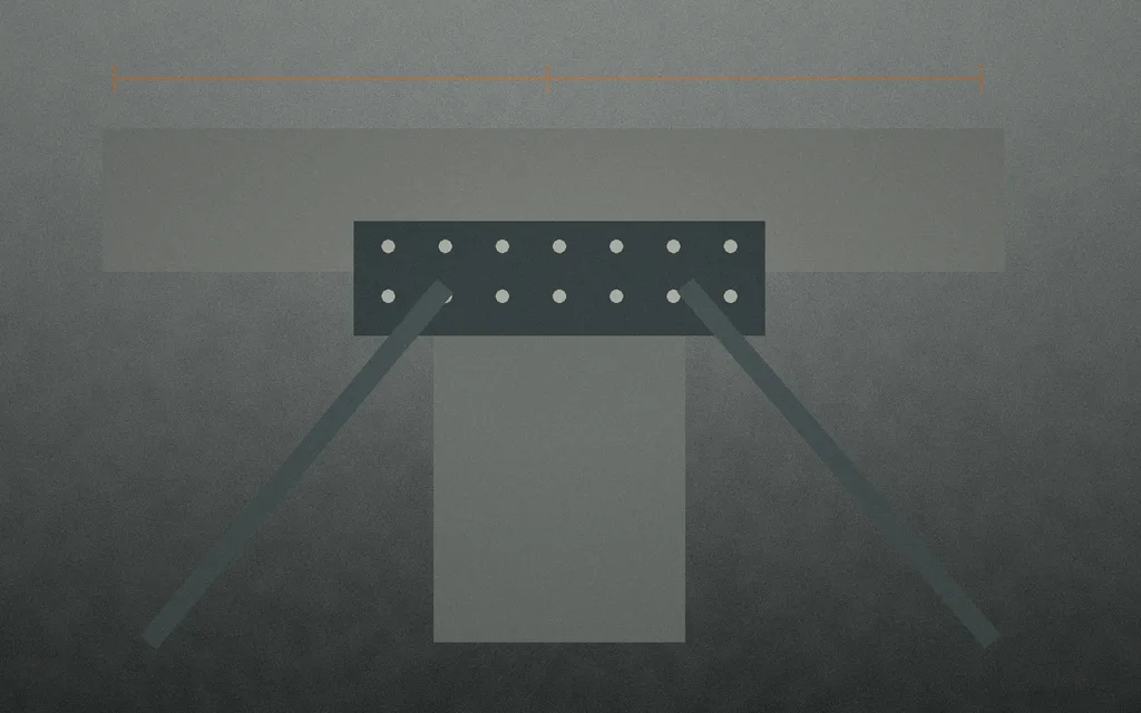 Ilustrační technický detail zesílení a stavebního retrofitu ocelové a betonové konstrukce.